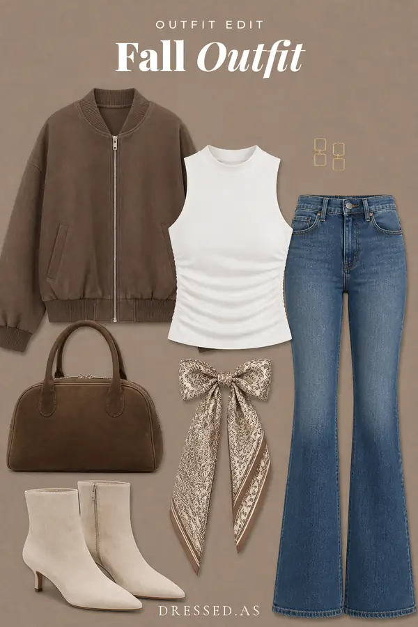 Bomber + Flare Jeans outfit collage